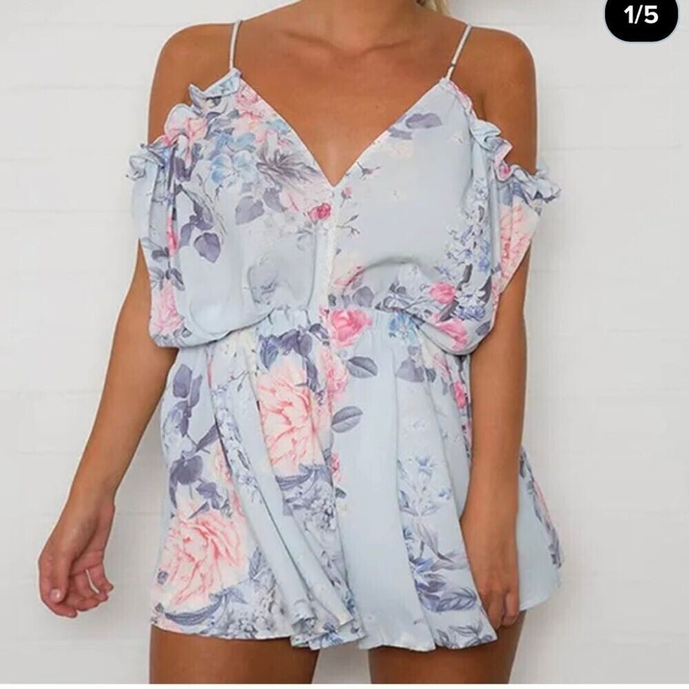 Casual Romper Off Shoulder Back Floral Print Jumpsuits Shorts Playsuit Sz SM